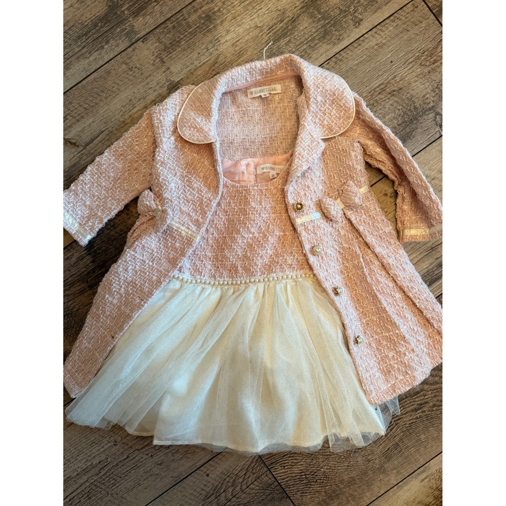 Nannette Kids 2T Pink Tweed Dress and‎ Coat Set Pearl Tulle Special Occasion 2pc